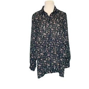 Suzanne Betro Black Floral Print Ruffle Long Sleeves Tunic Blouse Women M